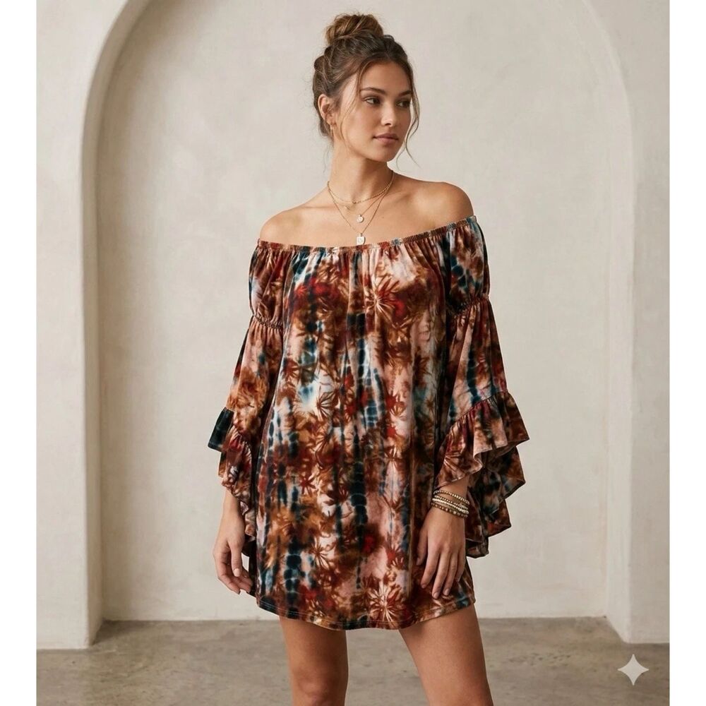 Voom joy han Tunic Womens M Tie Dye Off Shoulder Dress Cascading Angel Sleeve